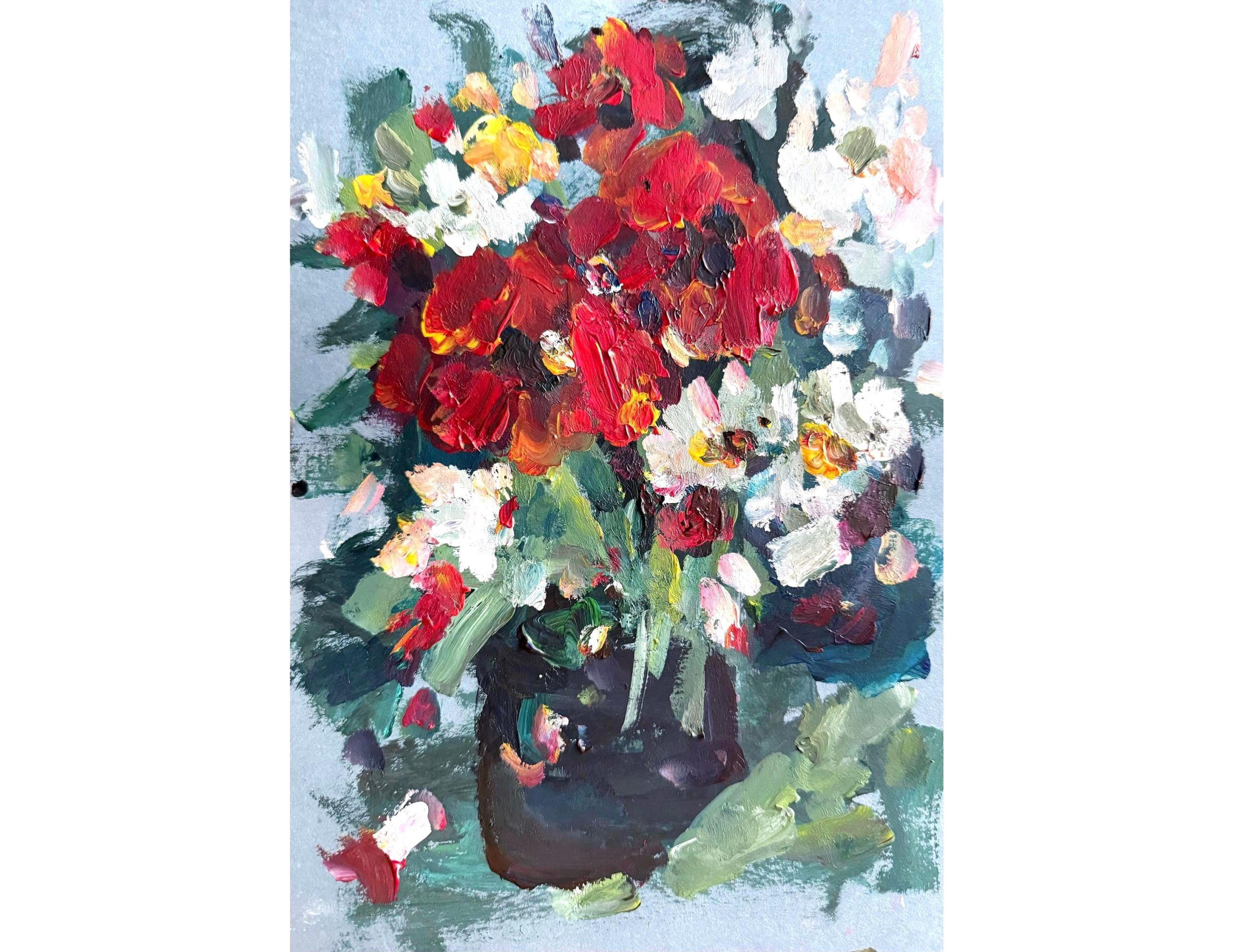 RED WHITE FLORAL BOUQUET ORIGINAL OIL PAINTING - Image 2