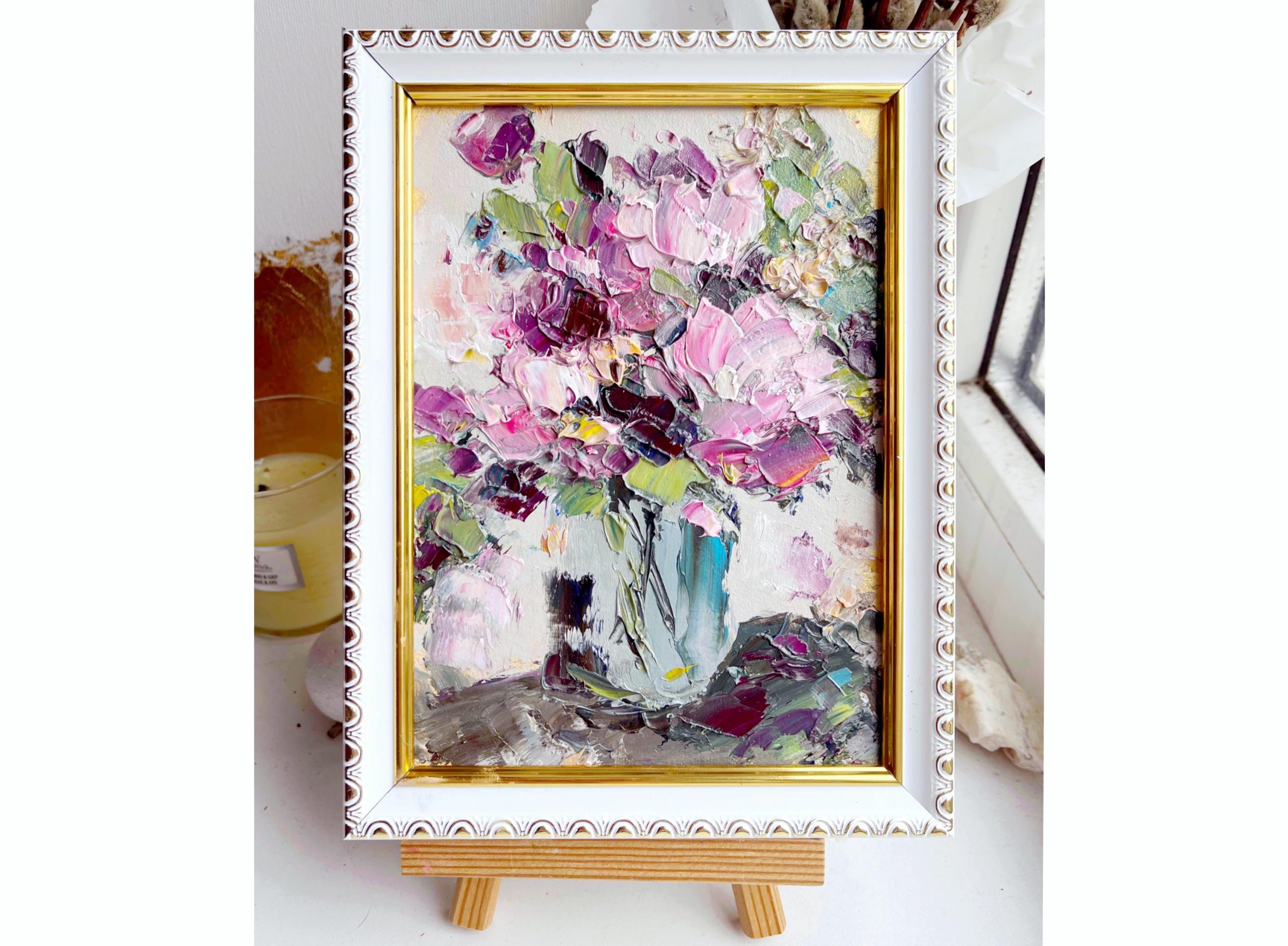 PINK PURPLE FLORAL VASE ORIGINAL OIL PAINTING - Image 4