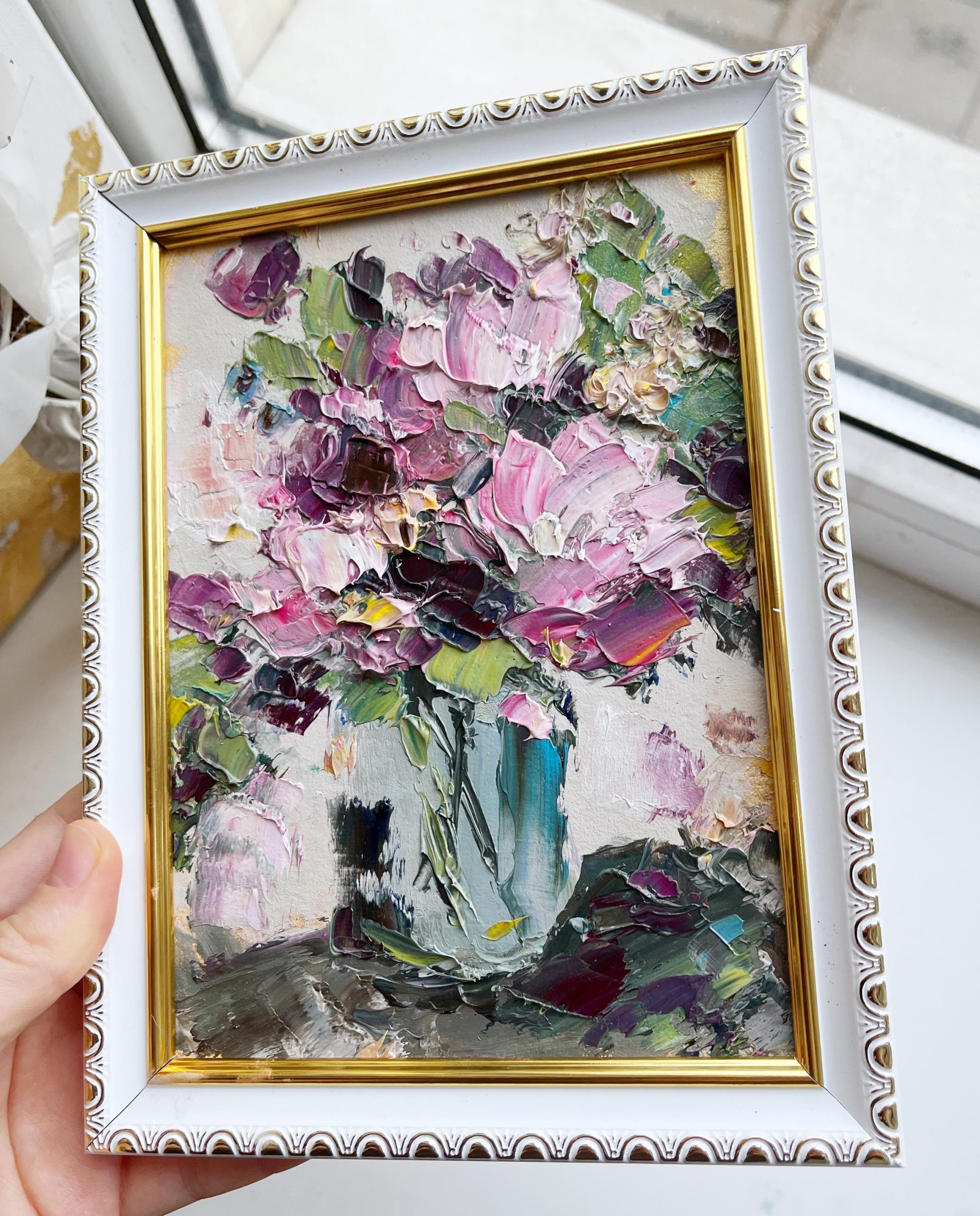 PINK PURPLE FLORAL VASE ORIGINAL OIL PAINTING - Image 5