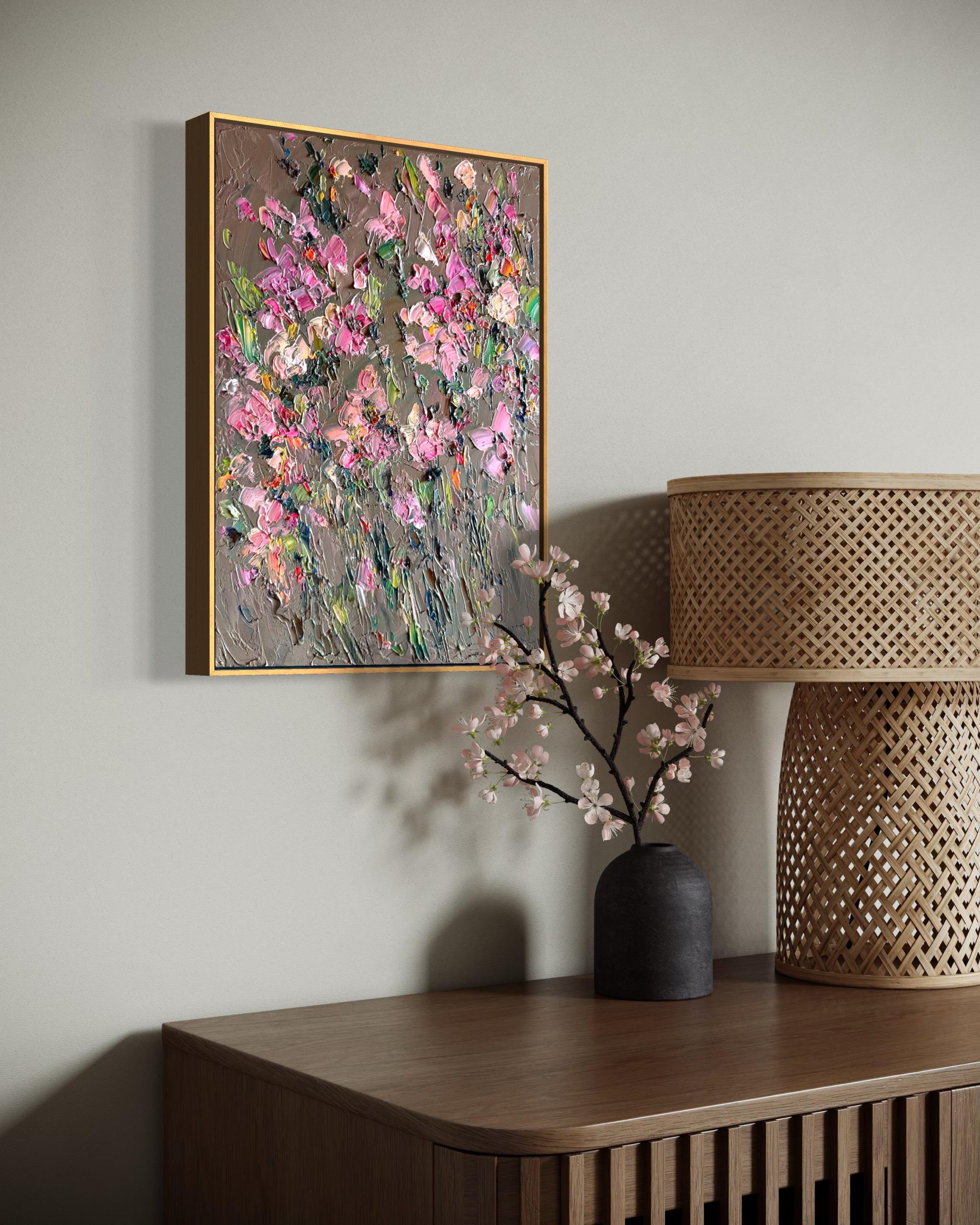 PINK BLOSSOM FLORAL ORIGINAL OIL PAINTING - Image 4